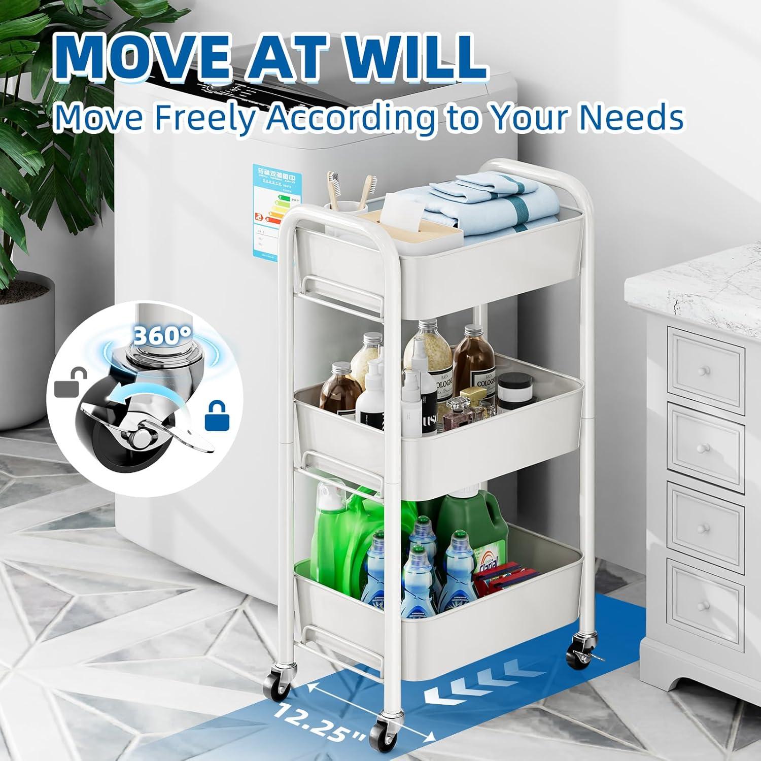 The three-tier metal utility cart is designed for convenient and efficient storage and transportation of various items.