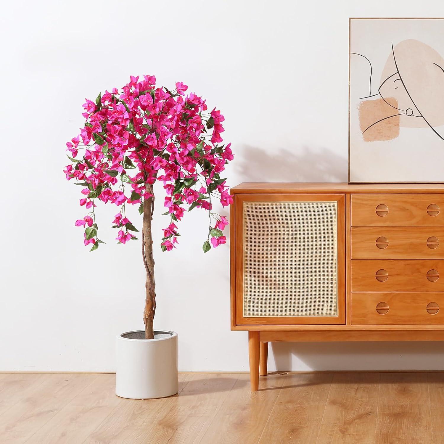 5FT Artificial Bougainvillea Tree Potted Fake Plant with Wood Trunk and Pink Flowers for Indoor Office Wedding Home Decor