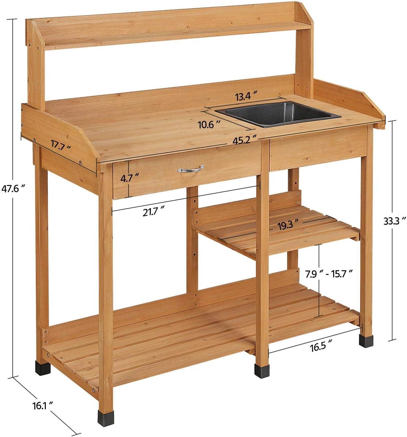 Natural Fir Wood Garden Potting Bench with Removable Sink