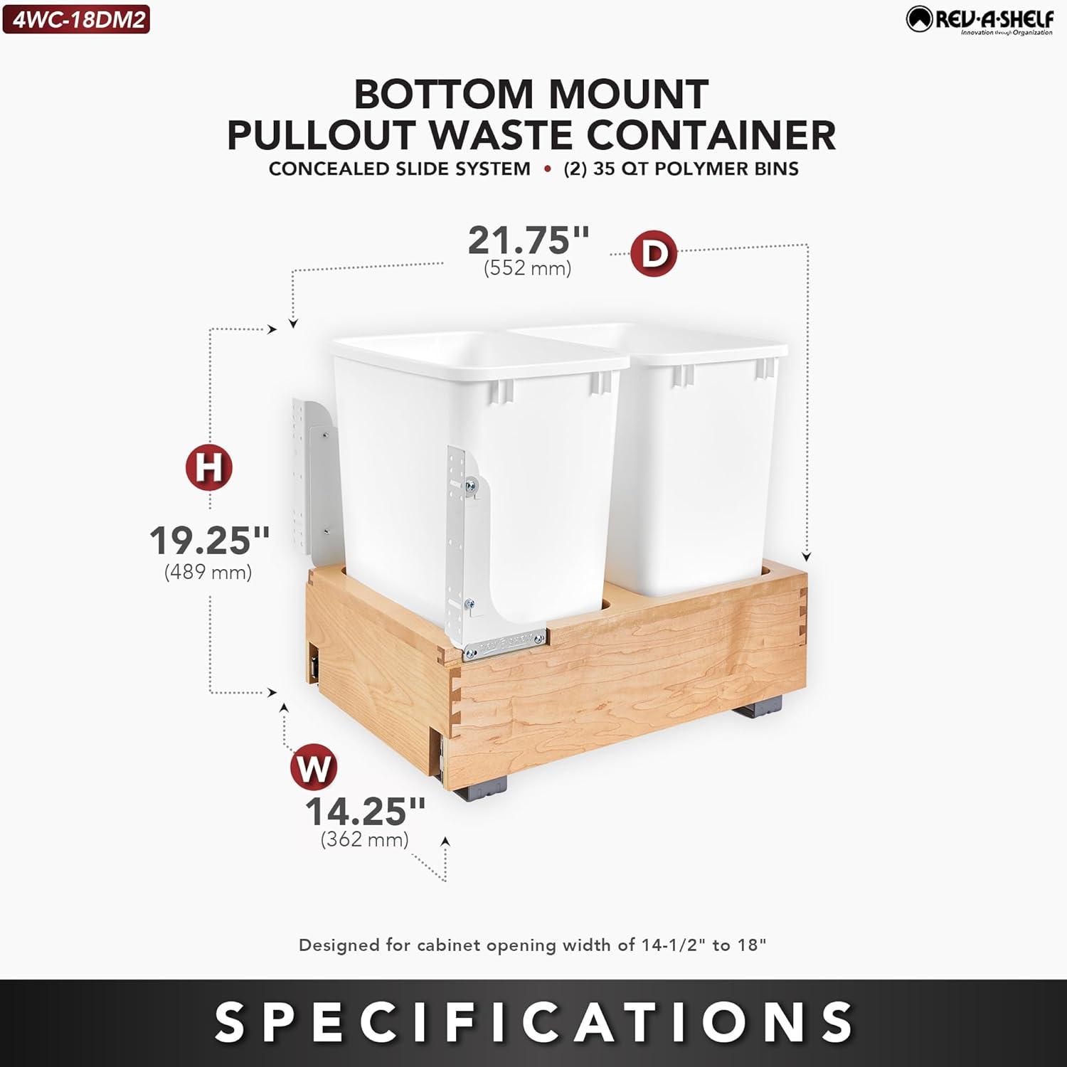 Rev-A-Shelf 35-Qt Pull Out Bottom Mount Trash Container with Front Side Mounting and Full Extension Ball Bearing Sides