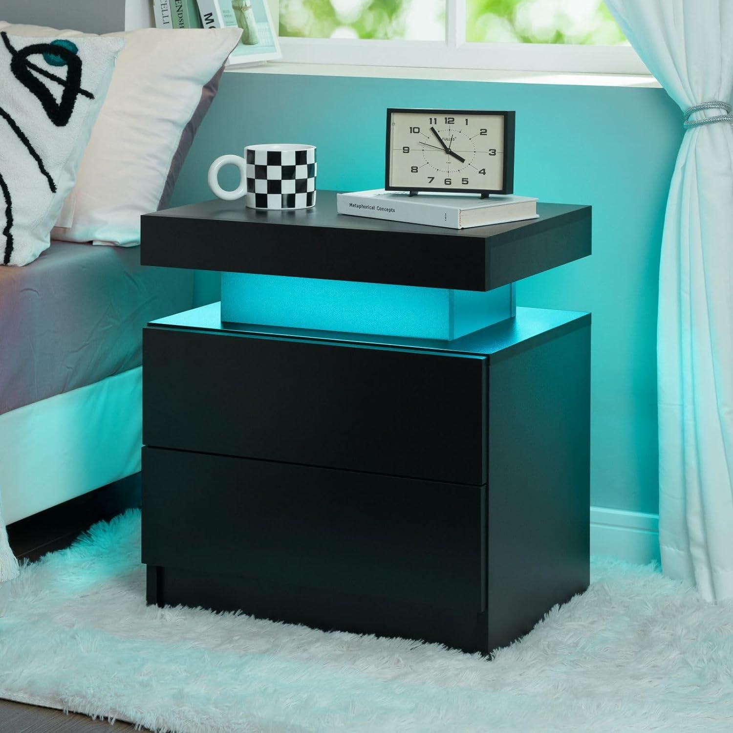 Black Modern LED Nightstand Set with 2 Drawers