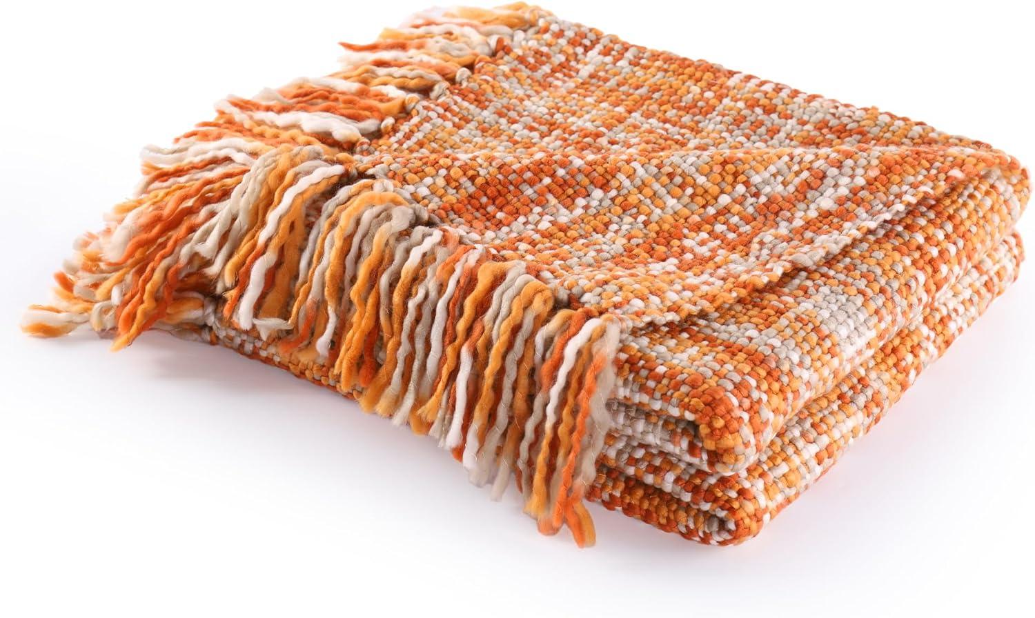 Orange Ochre Knitted Acrylic Throw Blanket with Fringes, 50"x60"