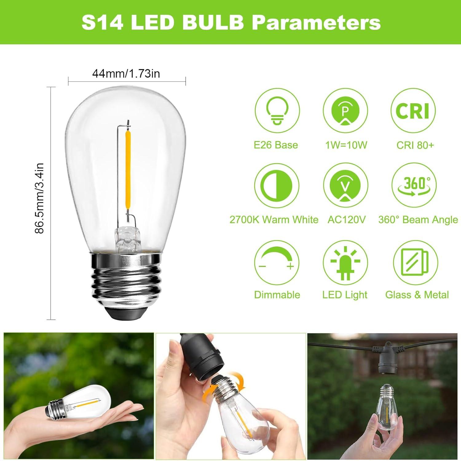 Svater Replacement Bulbs for Outdoor String Lights, 15 Pack S14 LED Bulbs for Patio, E26 Base 1W Bulb Equal to 11W Incandescent, Dimmable,Shatterproof 2700K Warm White