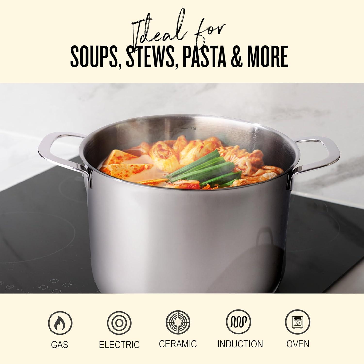 Alva Maestro 8 Qt. Stainless Steel Stock Pot with Lid Scratch Resistant Non-Toxic PFAS Free Compatible with All Stovetops Oven Safe & Induction Safe