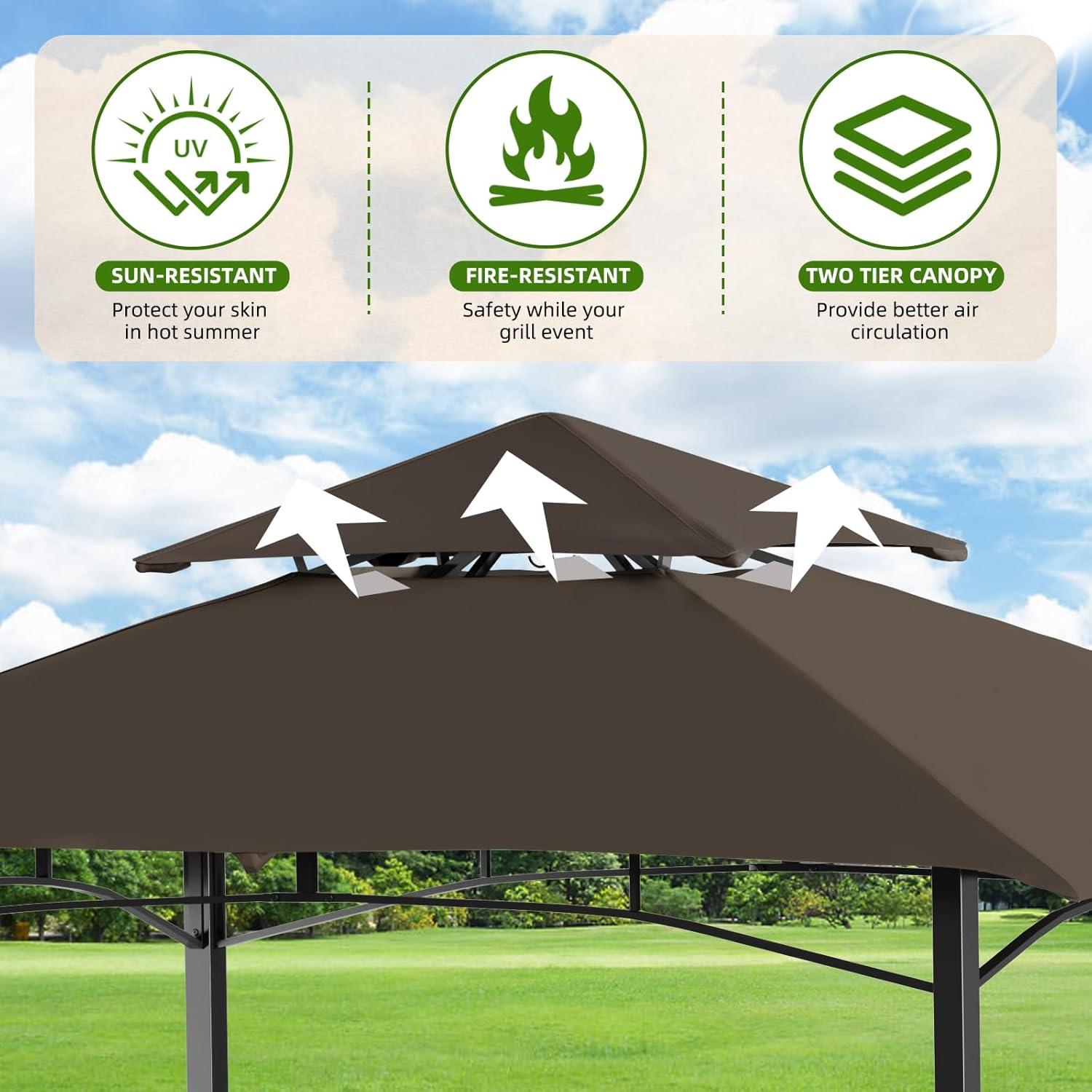 Incbruce 8' X 5' Grill Gazebo Canopy, Outdoor BBQ Gazebo Canopy with Double Tiered Tent Roof Cover & Metal Frame for Patio, Garden, Backyard (Brown)