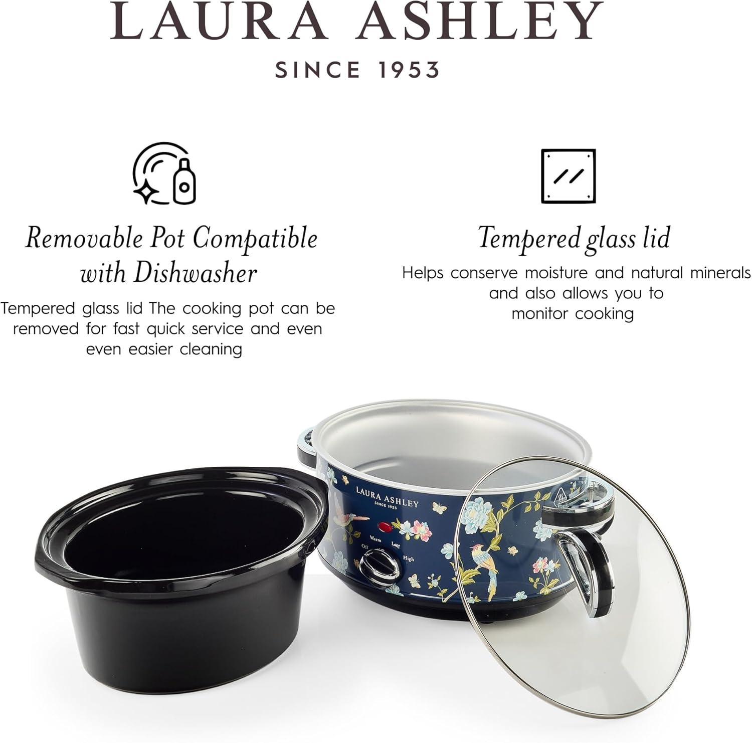 Laura Ashley 3.5L Slow Cooker Navy: Ceramic & Stainless Steel, 3 Settings, 320W, Keep Warm, 4 Quart Pot, 1-Year Warranty