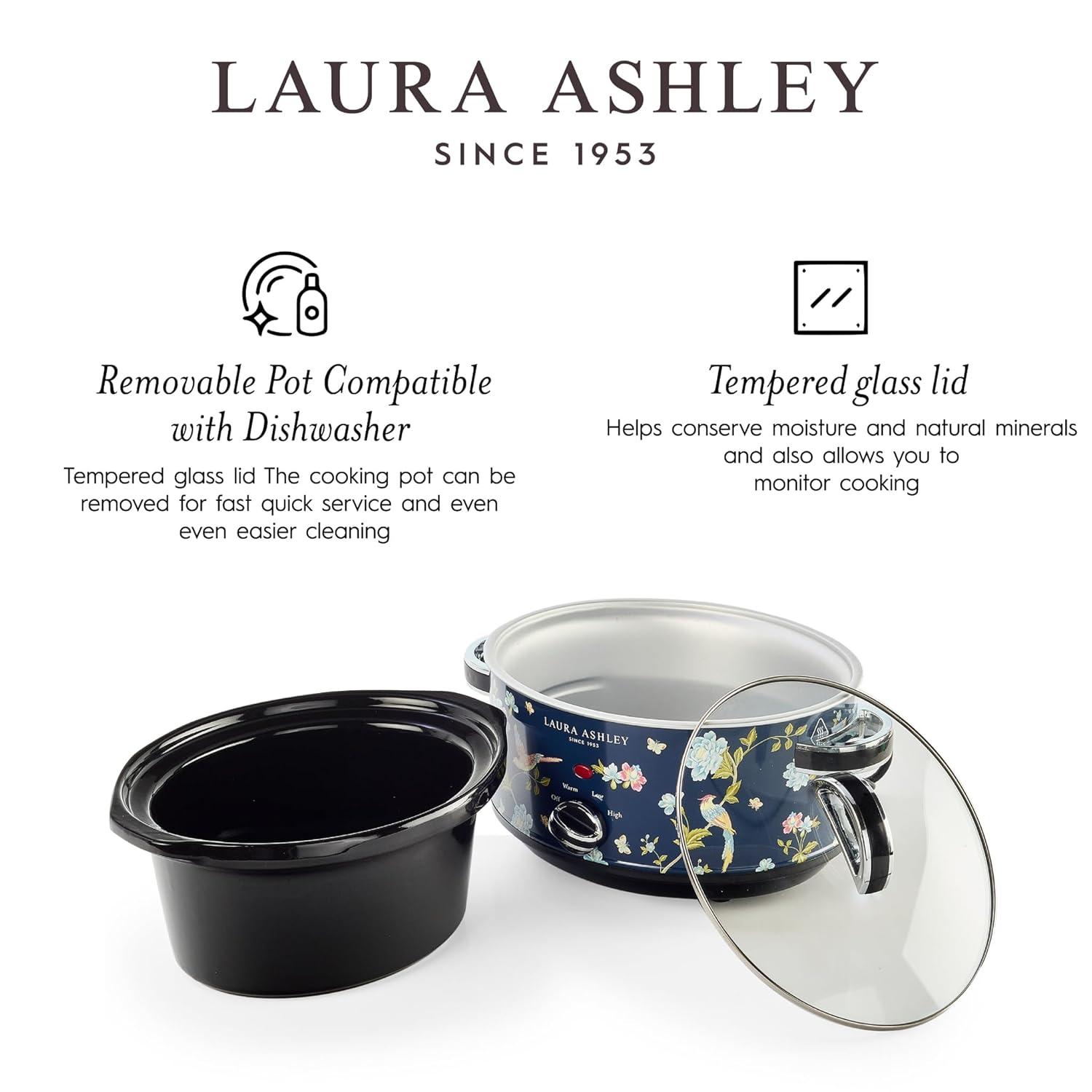 Laura Ashley 3.5L Slow Cooker Navy: Ceramic & Stainless Steel, 3 Settings, 320W, Keep Warm, 4 Quart Pot, 1-Year Warranty