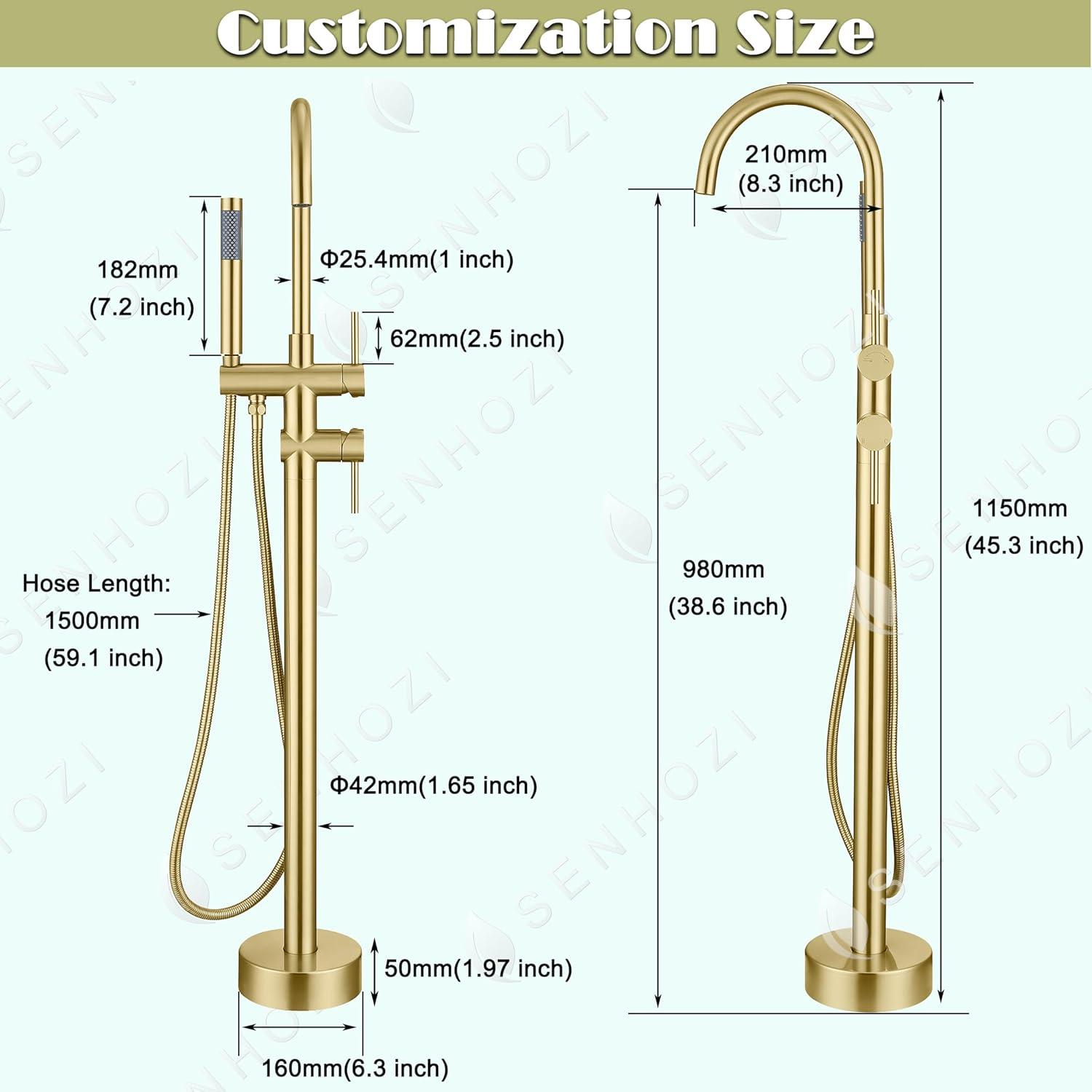 AWZTOO Free Standing Tub Faucet With Hand Shower Floor Mount Tub Faucets Brushed Gold Bathtub Filler Single Handle Modern Bathroom Taps