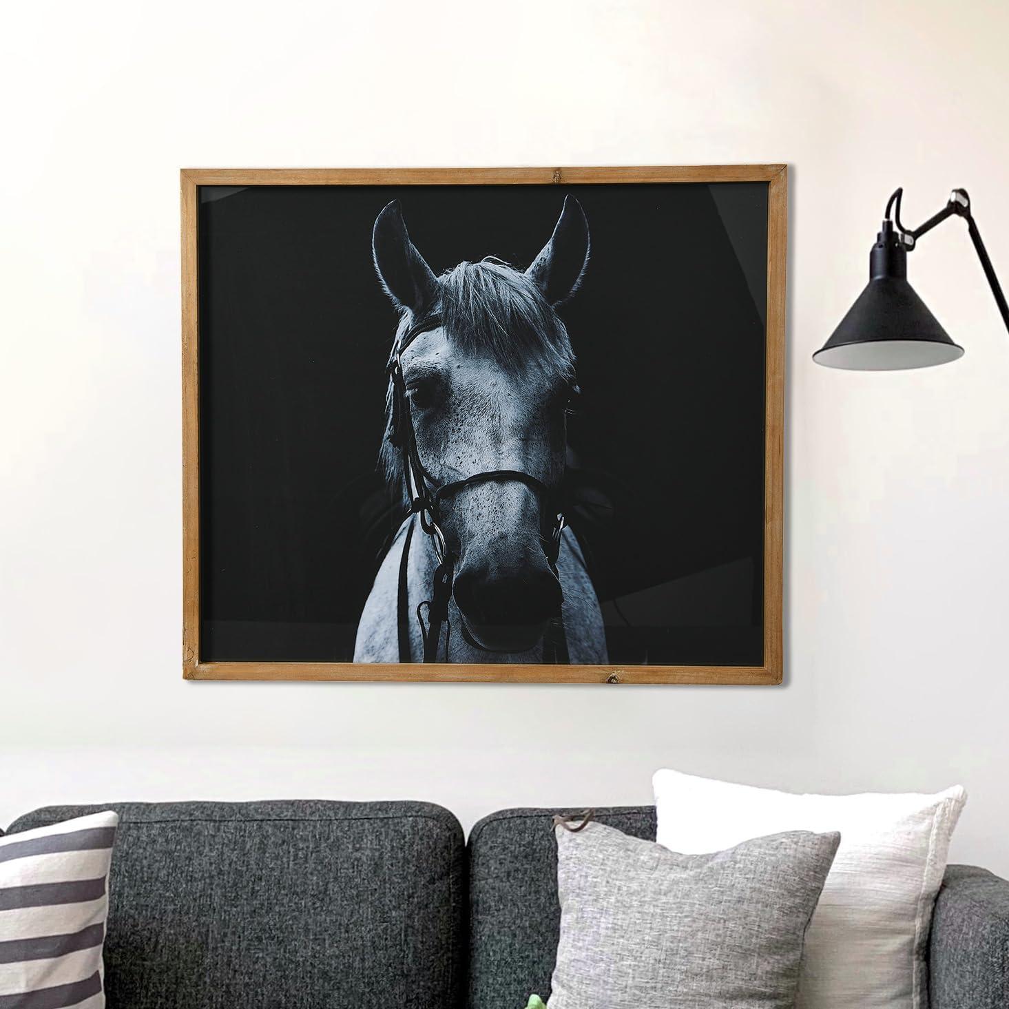 Black and White Equestrian Print with Natural Wood Frame