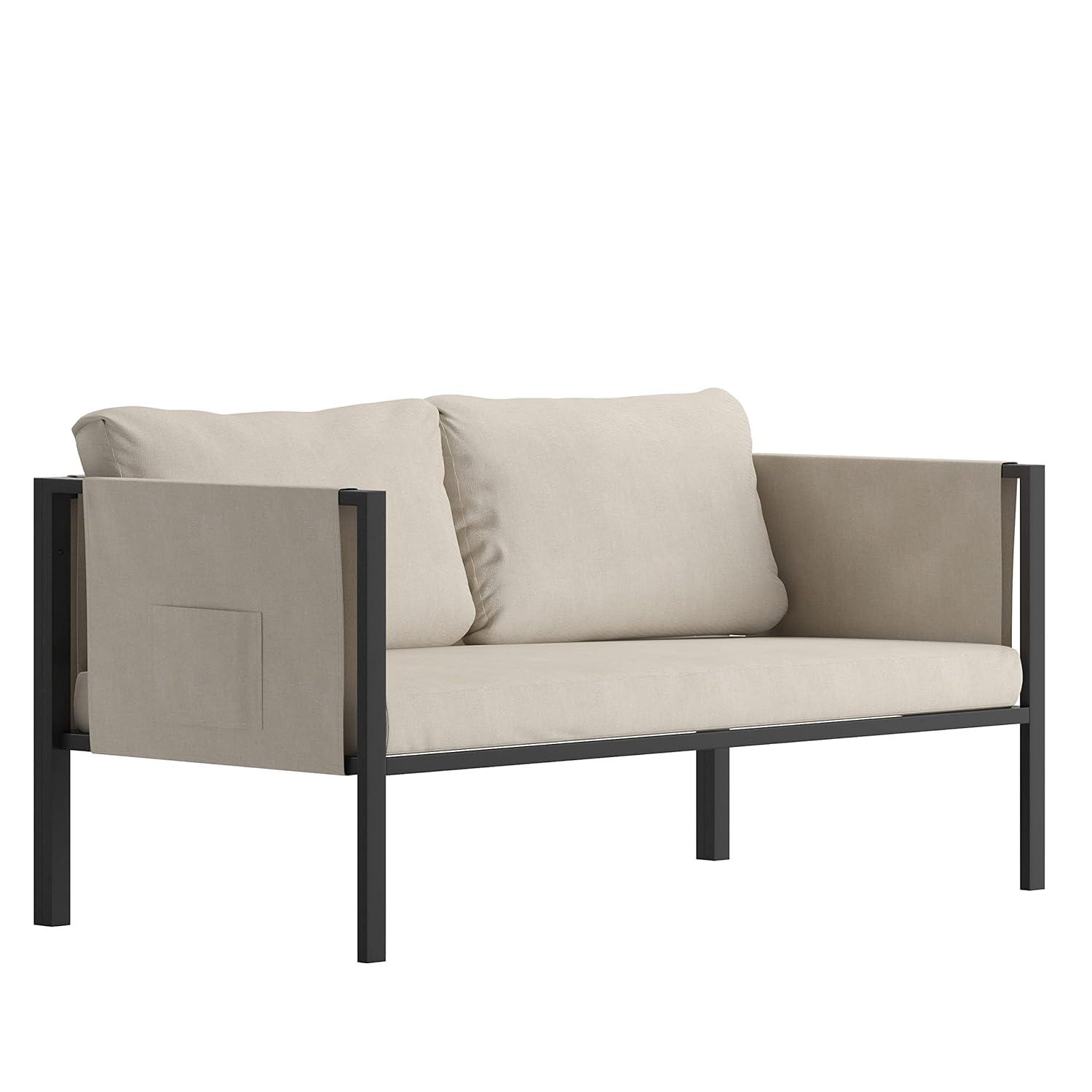 Flash Furniture Lea Indoor/Outdoor Loveseat with Cushions - Modern Steel Framed Chair with Storage Pockets, Black with Beige Cushions