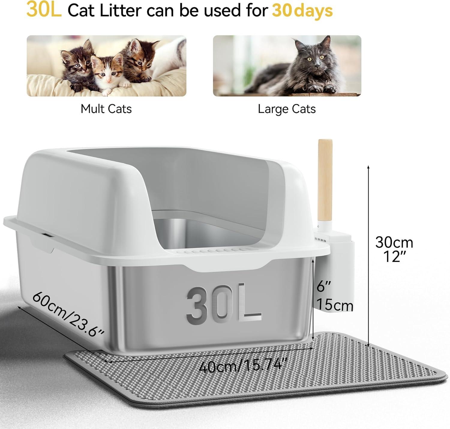 Enclosed Stainless Steel Cat Litter Box with Lid Extra Large Litter Box for Big Cats XL Metal Litter Pan Tray with High Wall Sides Enclosure, Non-Sticky, Anti-Leakage, Easy Cleaning