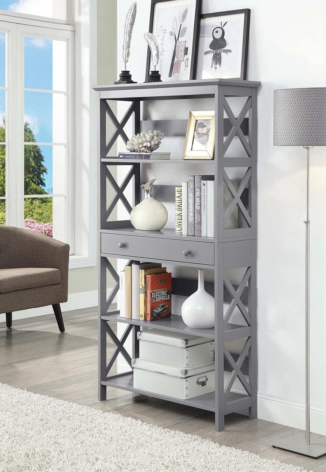 Convenience Concepts Oxford Five-Tier Bookcase with Drawer in Gray Wood Finish