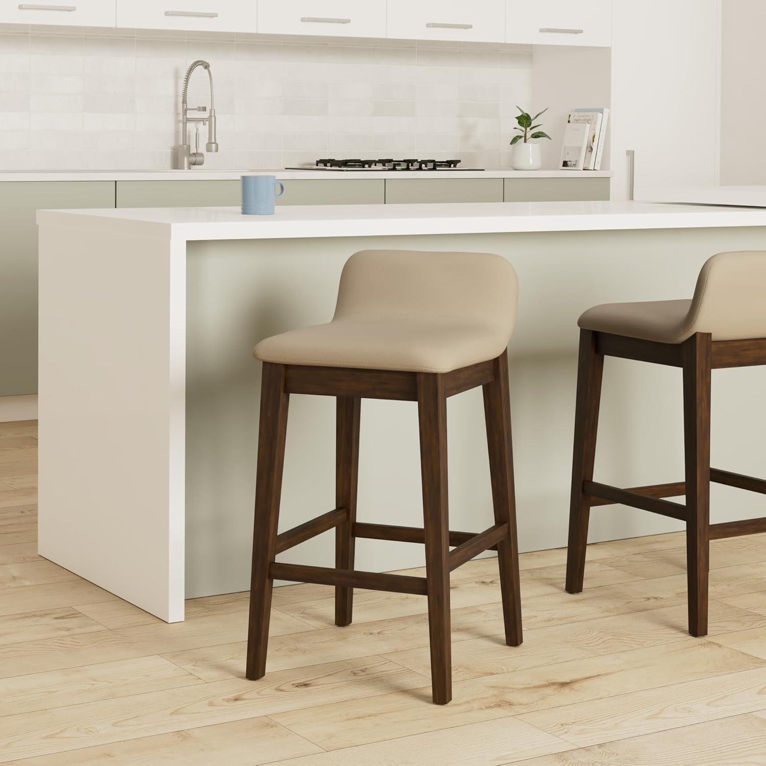 Set of 2 Beige Fabric and Dark Brown Wood Bar Stools