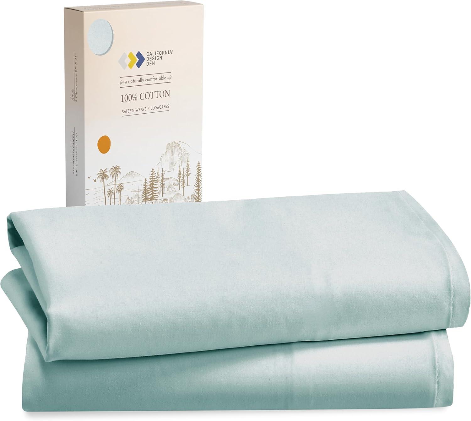 100% Cotton Seafoam Pillow Cases Standard Size / Queen Size Set of 2 Soft & Cooling Sateen Weave by California Design Den