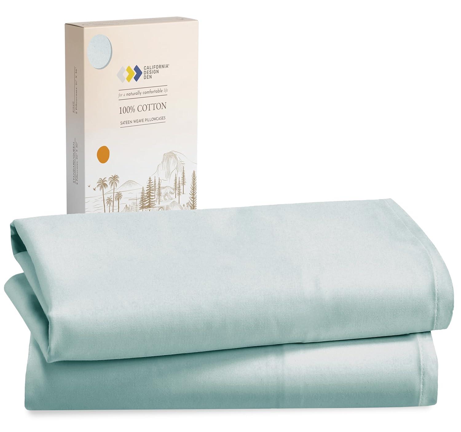 100% Cotton Seafoam Pillow Cases Standard Size / Queen Size Set of 2 Soft & Cooling Sateen Weave by California Design Den