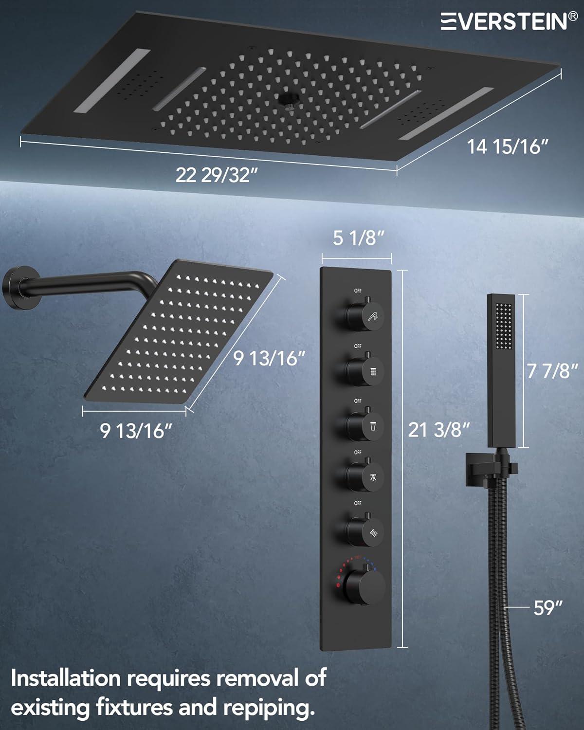 EVERSTEIN Music Thermostatic Shower System,Dual Showerheads with LED Mood Lighting SFS-1051-BK