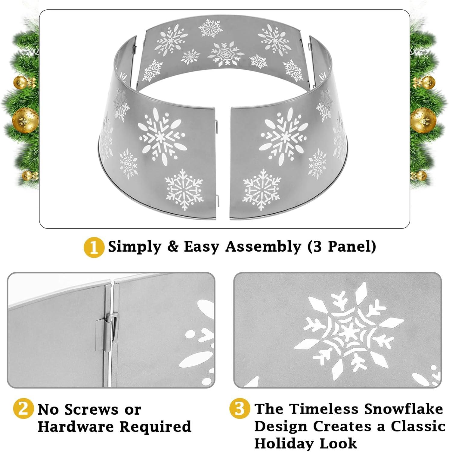 Metal Christmas Tree Collar, 3D Hollow Snowflake Pattern Christmas Tree Skirt with Star-Shaped LED String Lights, 29 Inch Diameter Decorative Xmas Tree Ring Stand Base Cover, Silver