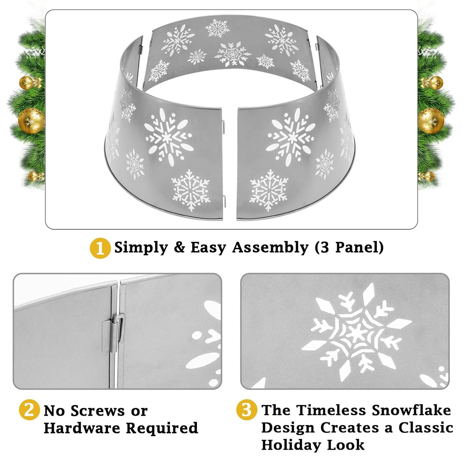 Metal Christmas Tree Collar, 3D Hollow Snowflake Pattern Christmas Tree Skirt with Star-Shaped LED String Lights, 29 Inch Diameter Decorative Xmas Tree Ring Stand Base Cover, Silver