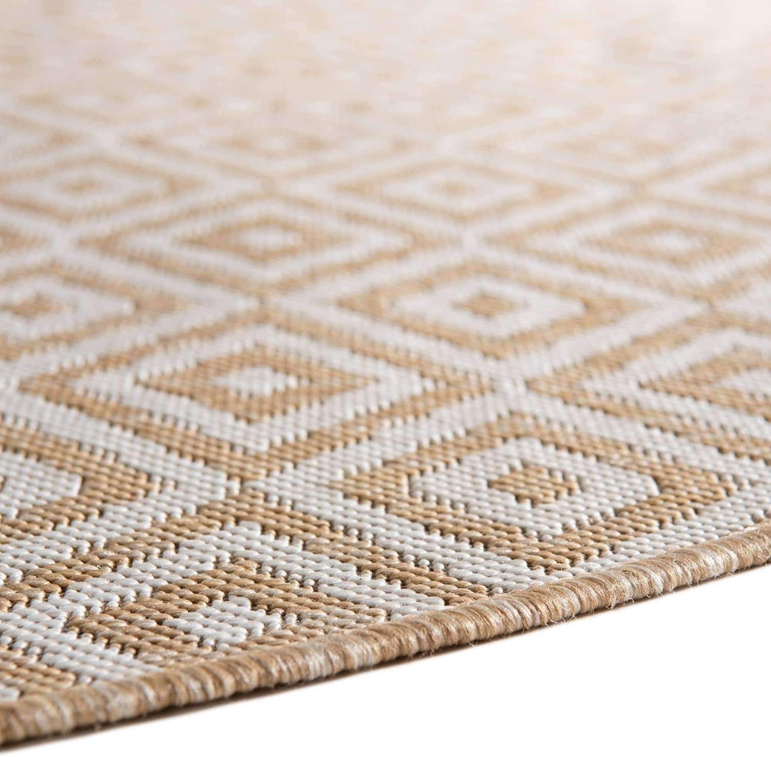 Beige Geometric Round Stain-Resistant Outdoor Rug