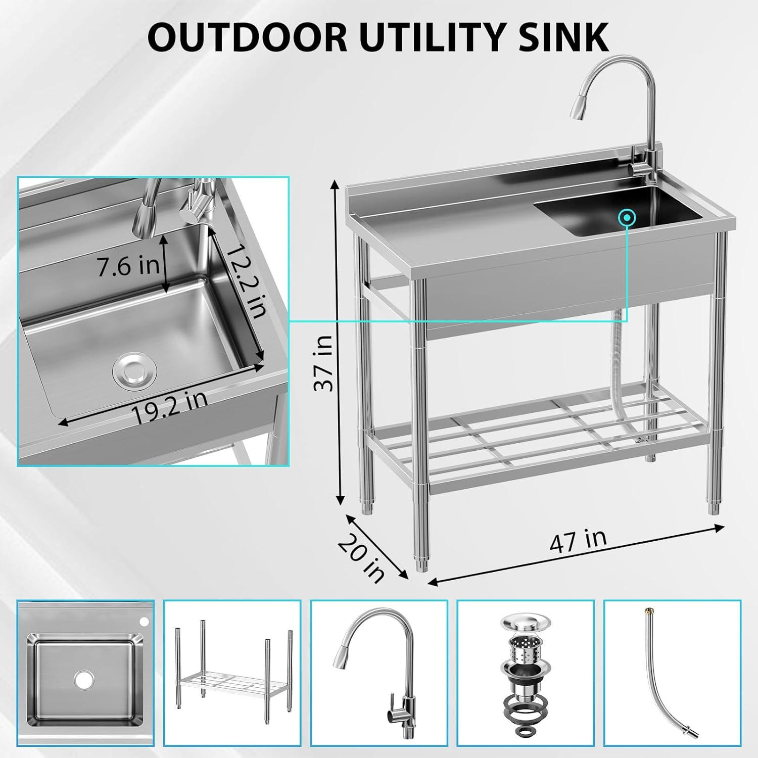 Polished Stainless Steel Freestanding Single Bowl Utility Sink