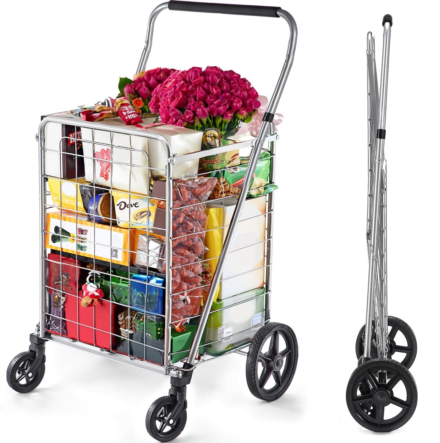 Wellmax Grocery Shopping Cart with Swivel Wheels, Foldable and Collapsible Utility Cart with Adjustable Height Handle, Heavy Duty Light Weight Trolley