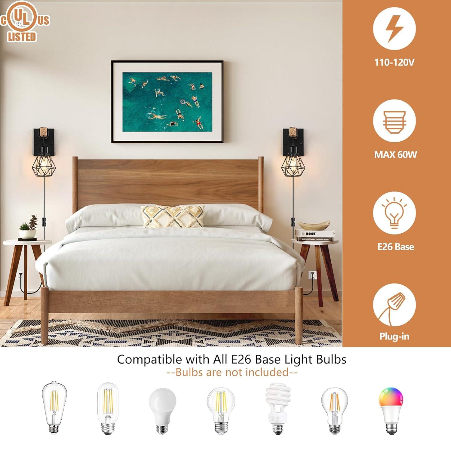 Plug in Wall Sconces Set of 2 with 6 FT On/Off Switch Cord, Wall Light Fixtures Black Industrial Farmhouse Indoor Wall Latern For Bedroom Living Room