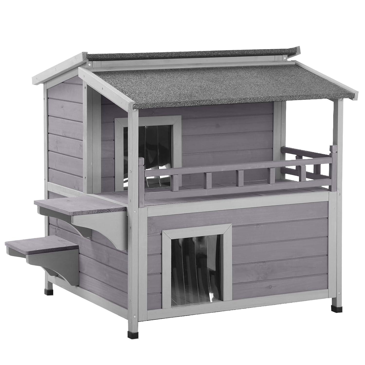 Archie & Oscar™ Outdoor Cat House 2-story Wooden Feral Cat Shelter with Balcony & Roof