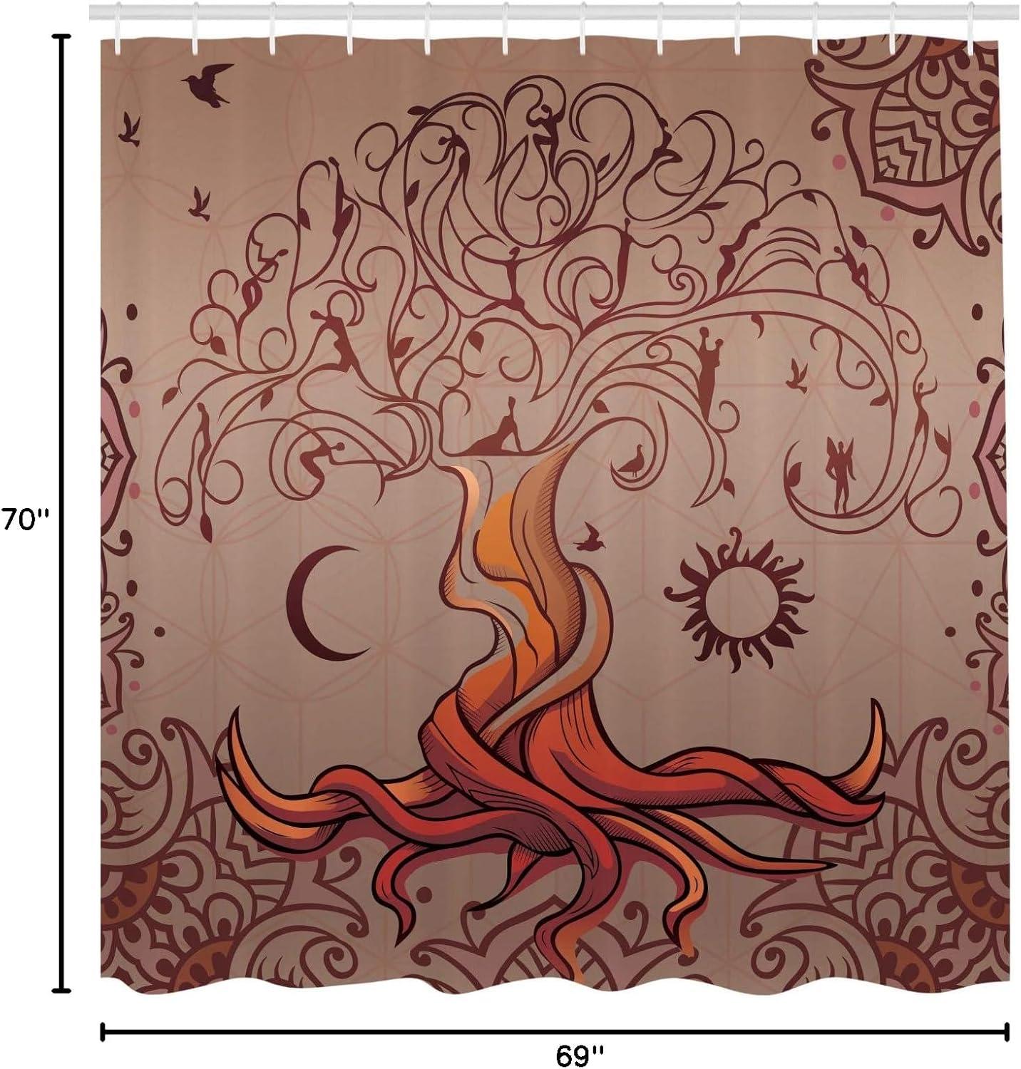 Ethnic Shower Curtain, Vintage Tree of Life with Sun and Moon Elf on Branches Enchanted Universe Image, Fabric Bathroom Set with Hooks, 69W X 70L Inches, Purple, by Ambesonne