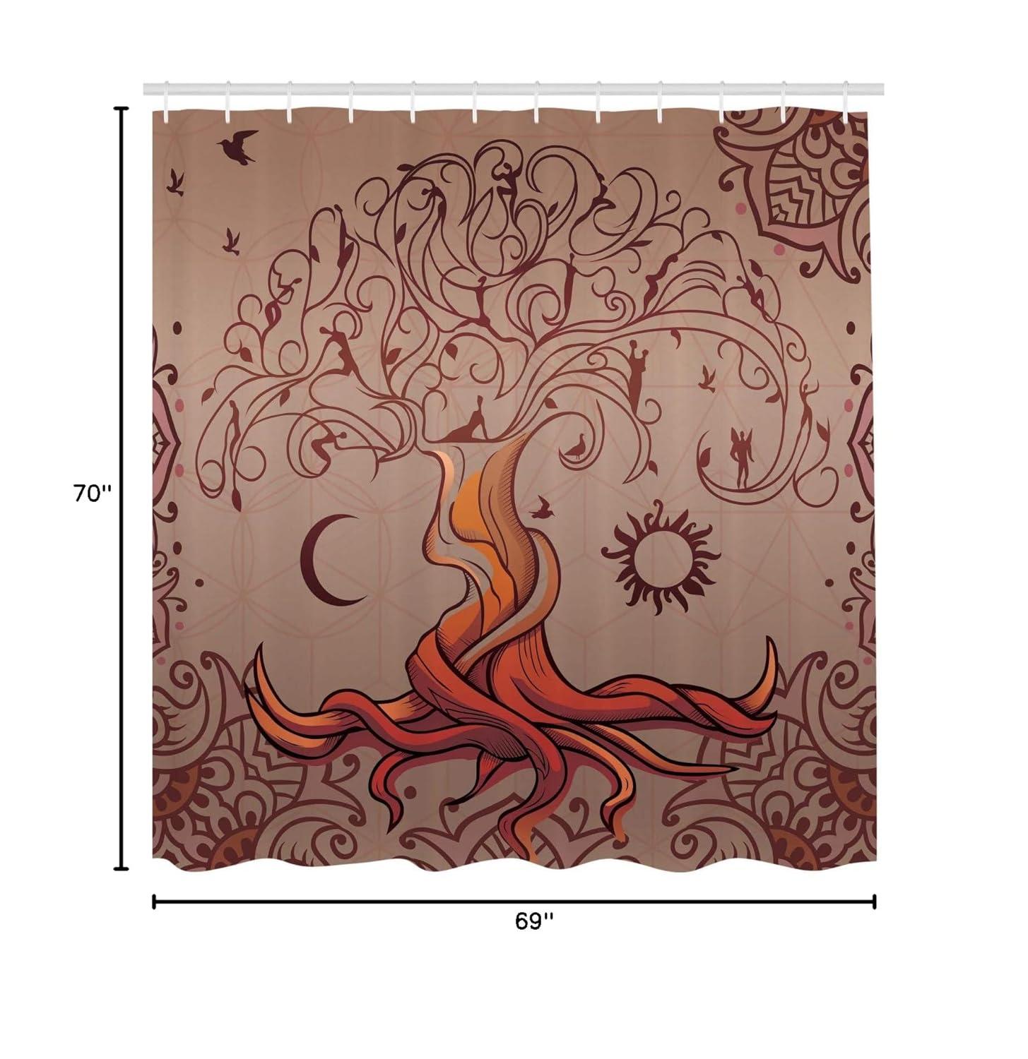 Ethnic Shower Curtain, Vintage Tree of Life with Sun and Moon Elf on Branches Enchanted Universe Image, Fabric Bathroom Set with Hooks, 69W X 70L Inches, Purple, by Ambesonne