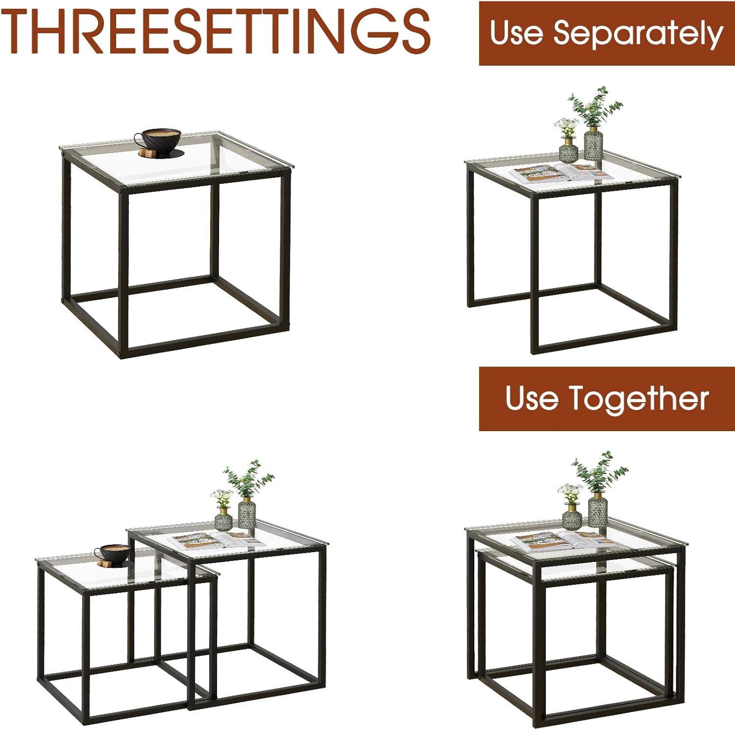 Coffee Table Set of 2, Modern Black Wooden Side Table, Metal Frame Square End Table, Center Tables,Nesting Coffee Table for Living Room,Bedroom and Small Spaces