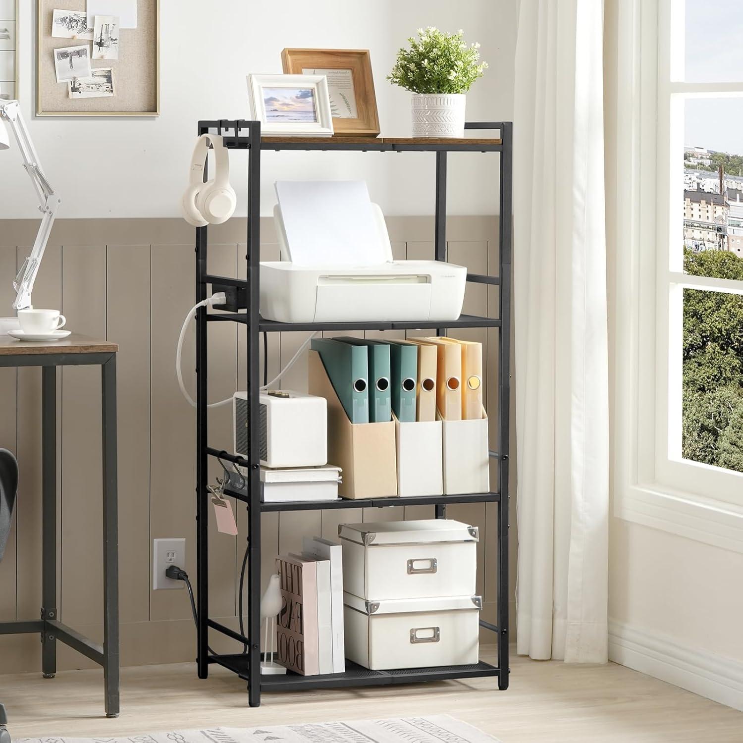 Bakers Rack with Power Outlet, Microwave Stand with Hooks, Multifunctional Storage Rack, Coffee Bar with Enclosure, Kitchen Storage Shelf, for Kitchen, Dining Room, Rustic Brown BRHR40E01N1