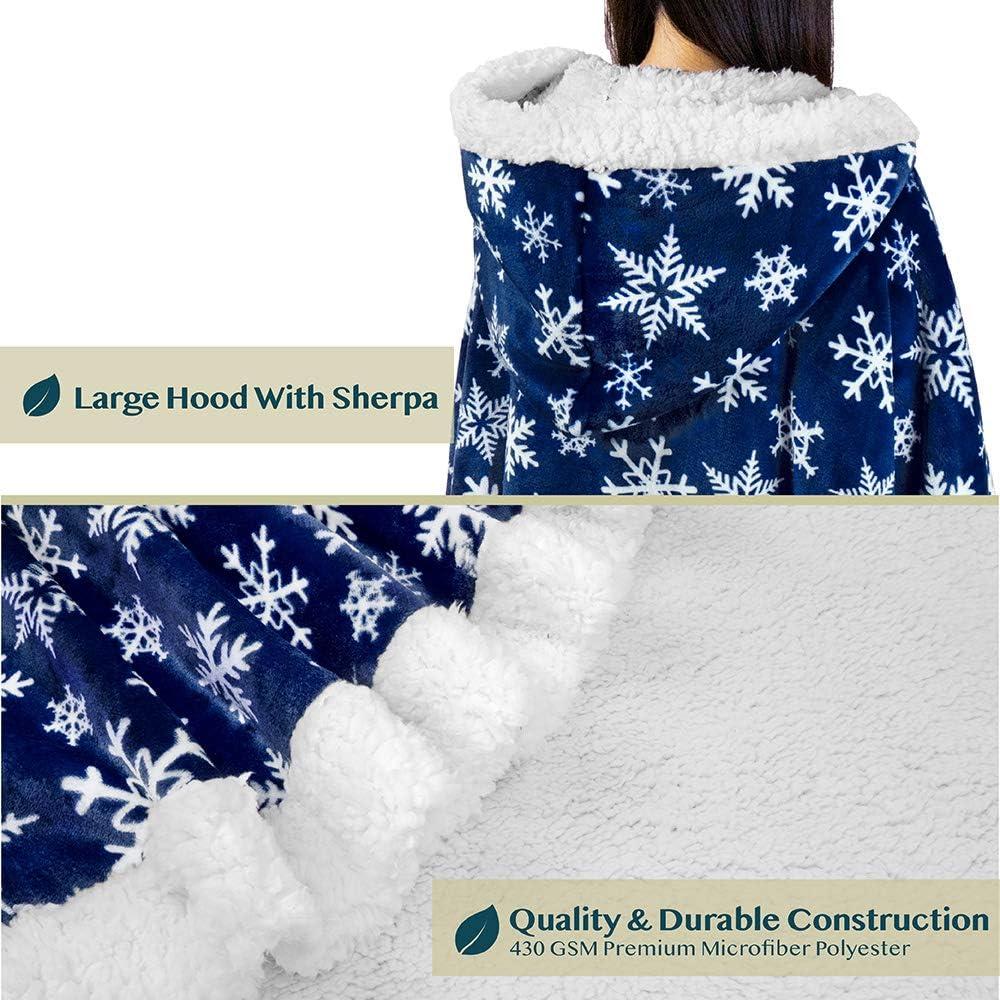 PAVILIA Angel Wrap Hooded Blanket for Women Adult, Wearable Cozy Wrap Throw Fleece Shawl Cape, Snowflake Blue/Faux Shearling