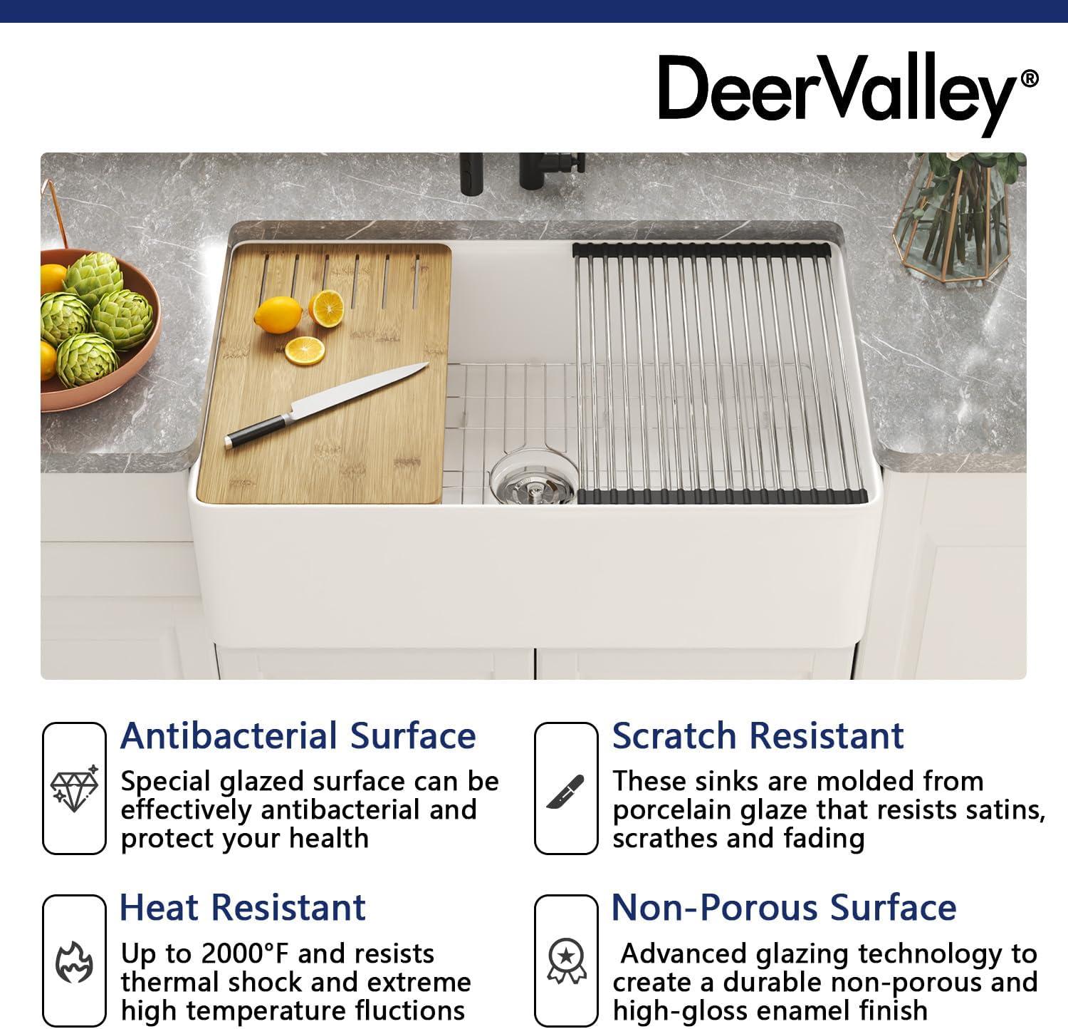 DeerValley 33" L X 20" W Single Basin Workstation Farmhouse Kitchen Sink With Sink Grid, Cutting Board And Dish-Drying Rack