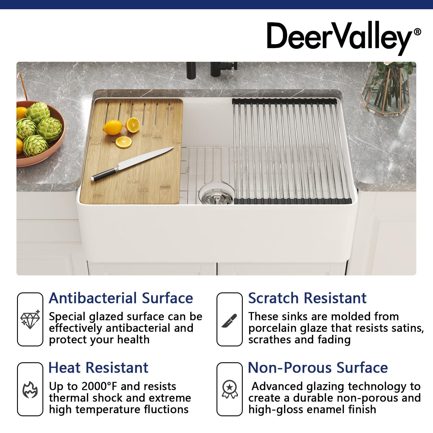 DeerValley 33" L X 20" W Single Basin Workstation Farmhouse Kitchen Sink With Sink Grid, Cutting Board And Dish-Drying Rack