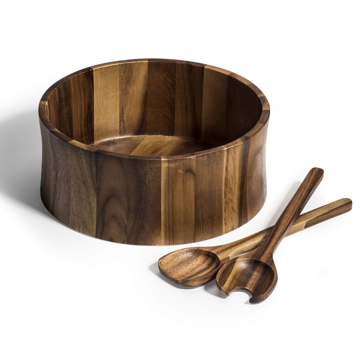 Kalmar Home Solid Acacia Wood X-Large Salad Bowl with Servers