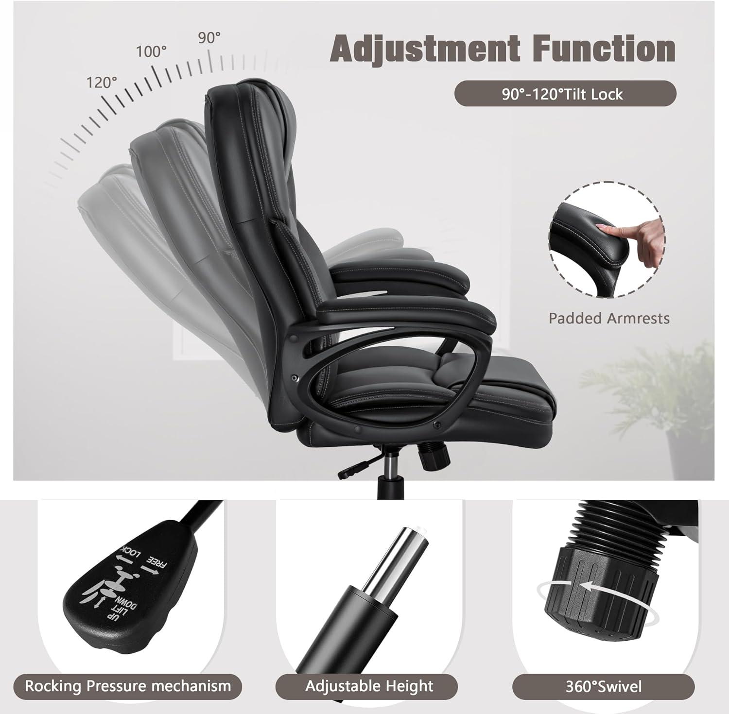 Office Executive Chair High Back Adjustable Managerial Home Desk Chair, Swivel Computer Leather Chair with Lumbar Support (Black)