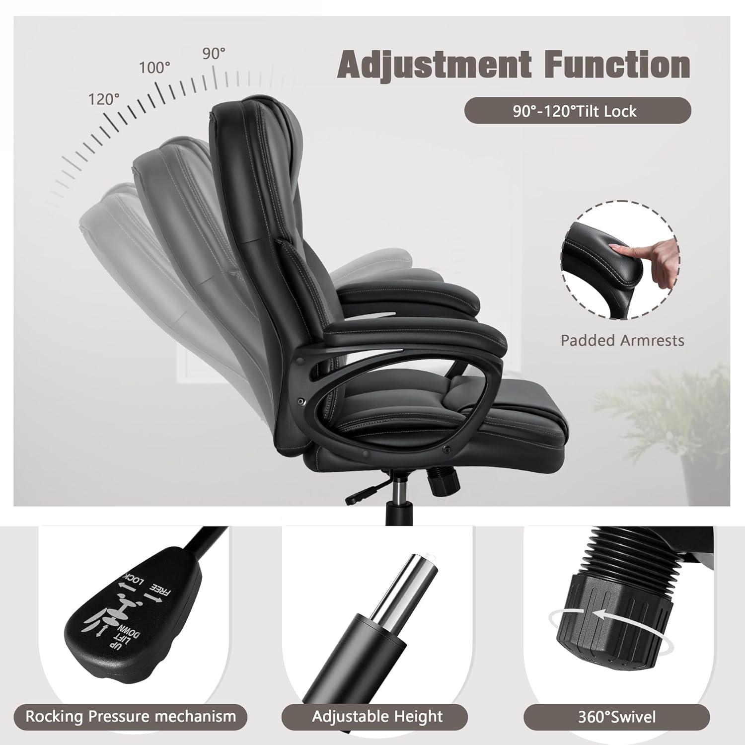 Office Executive Chair High Back Adjustable Managerial Home Desk Chair, Swivel Computer Leather Chair with Lumbar Support (Black)