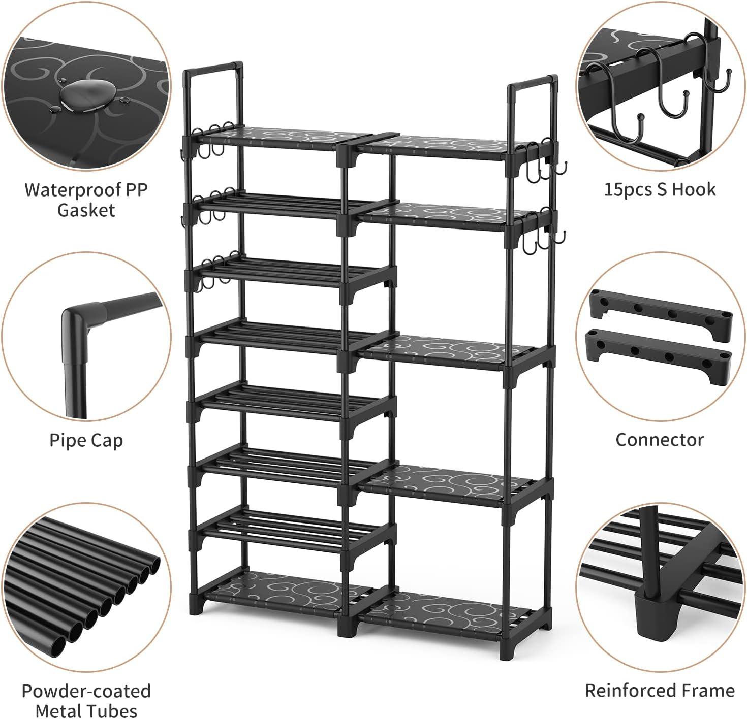 Black 8-Tier Metal Shoe Rack with Hooks