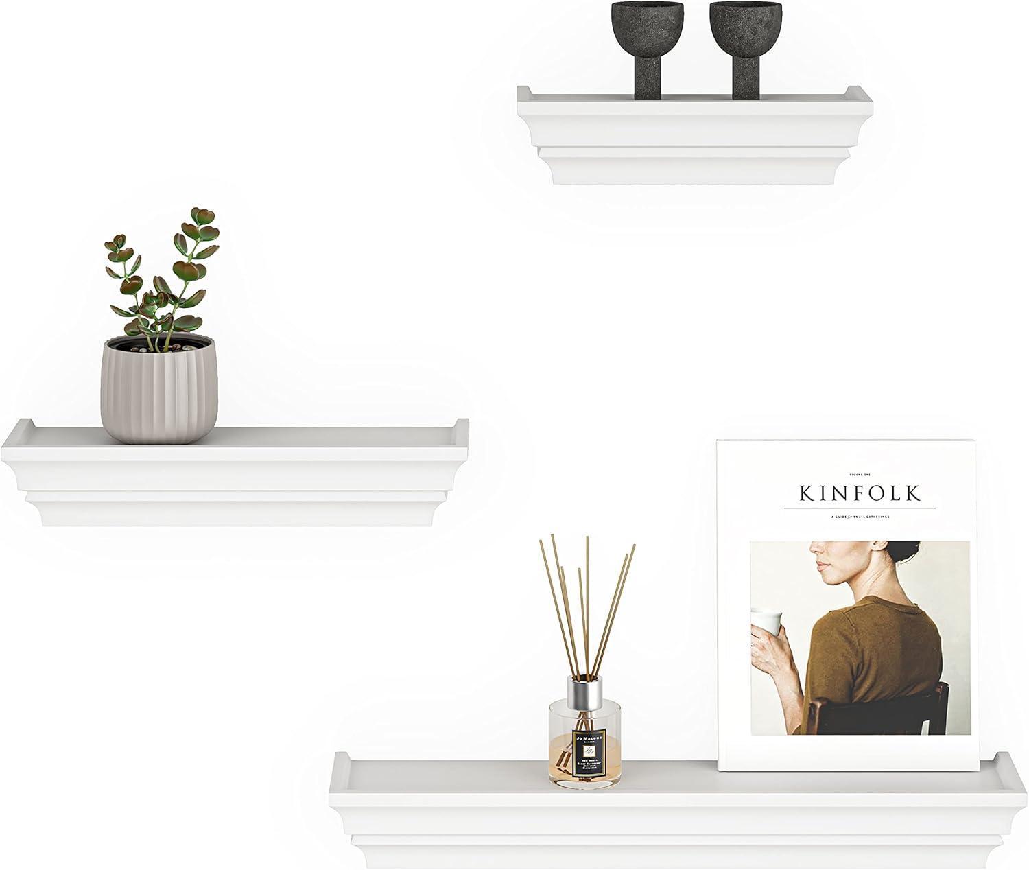 Ballucci Victorian Wall Ledge and Shelf, Wood Floating Wall Shelves Set, 12", 16", 24", Set of 3, White