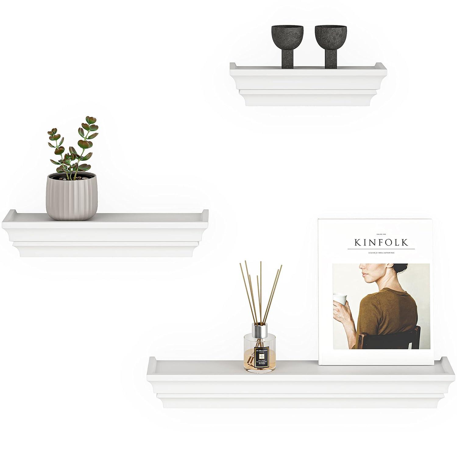 Ballucci Victorian Wall Ledge and Shelf, Wood Floating Wall Shelves Set, 12", 16", 24", Set of 3, White