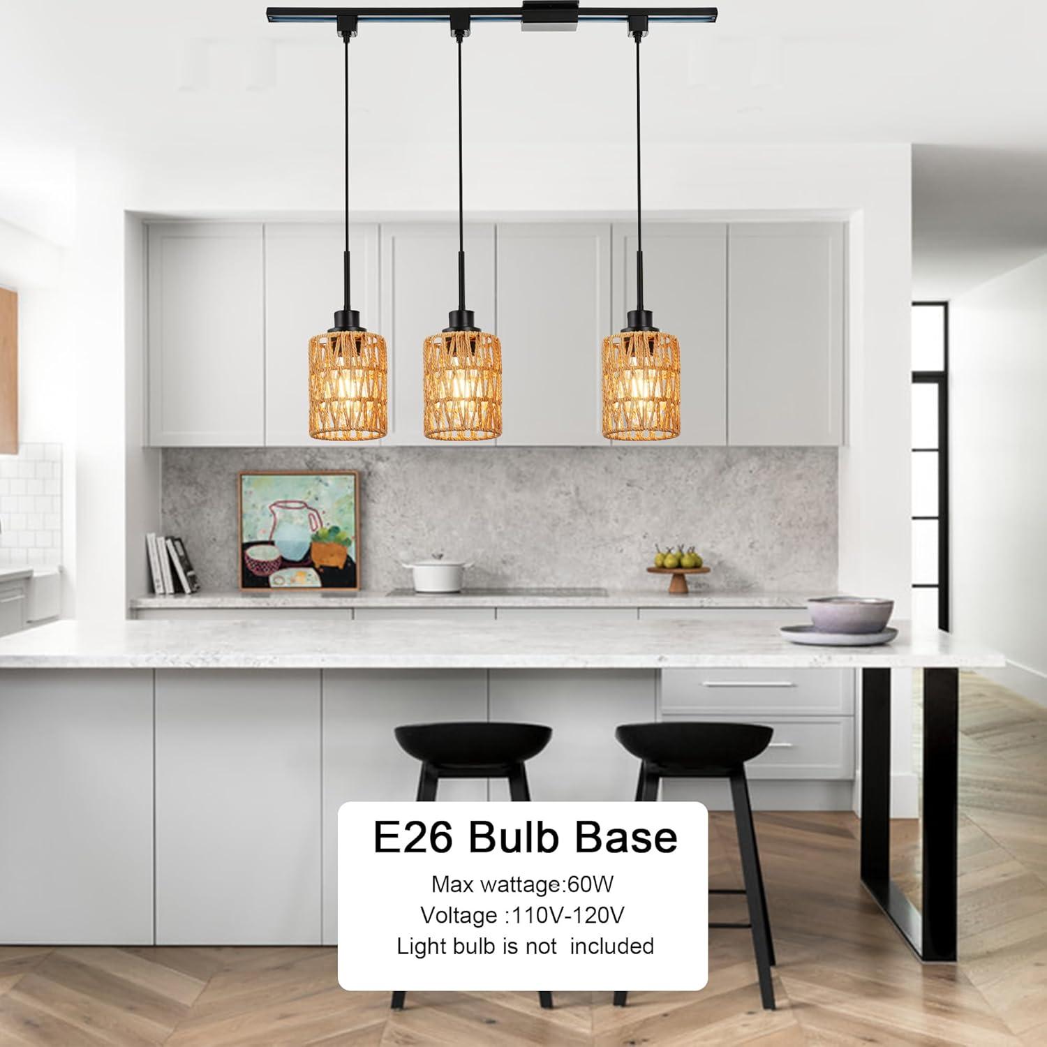 3-Pack H Type Track Lighting Pendants, Ceiling Track Hanging Light Fixture with Hand-Woven Rattan Shade, H-Type Tracking Boho Pendant Lighting Fixtures for Kitchen Island Dining Room, E26 Base