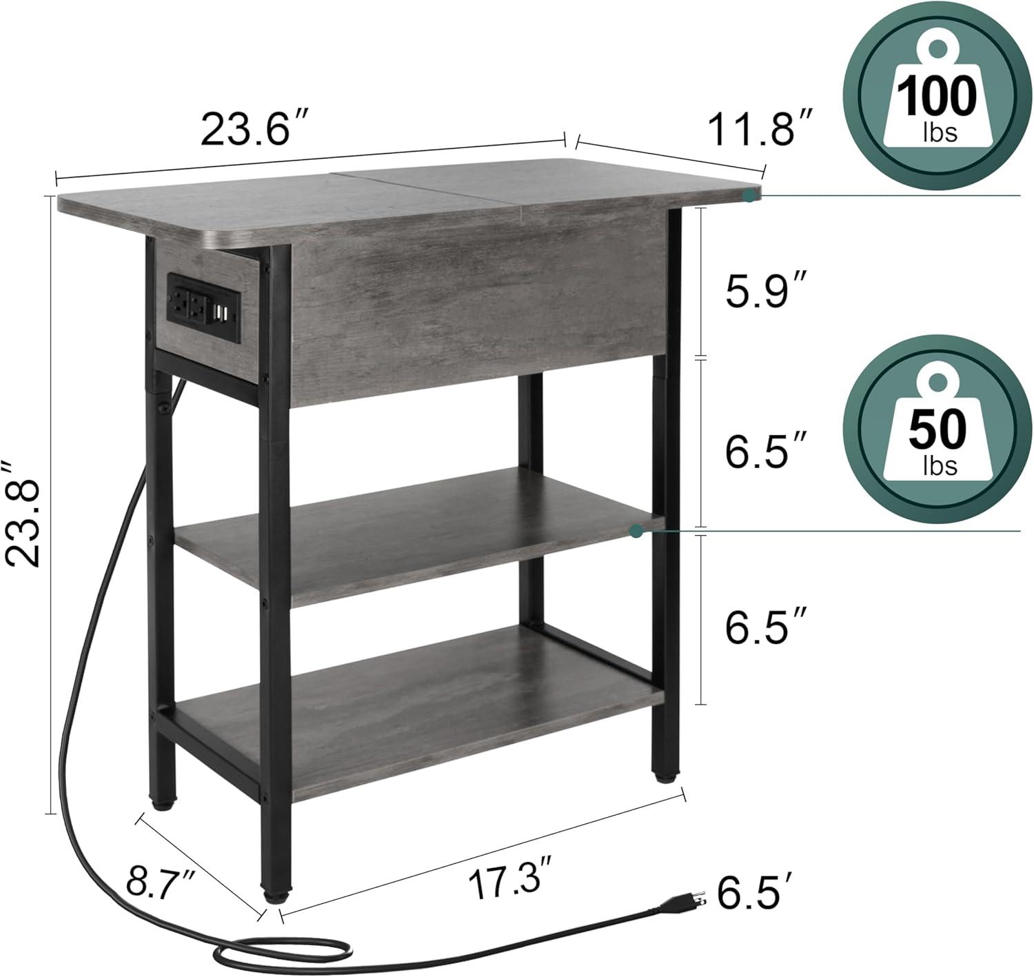 End Table with Charging Station, Flip Top Side Table with USB Ports and Outlets, Sofa Couch Table Bedside Table for Living Room Bedroom, Narrow Nightstand with Storage Shelves for Small Space,Grey