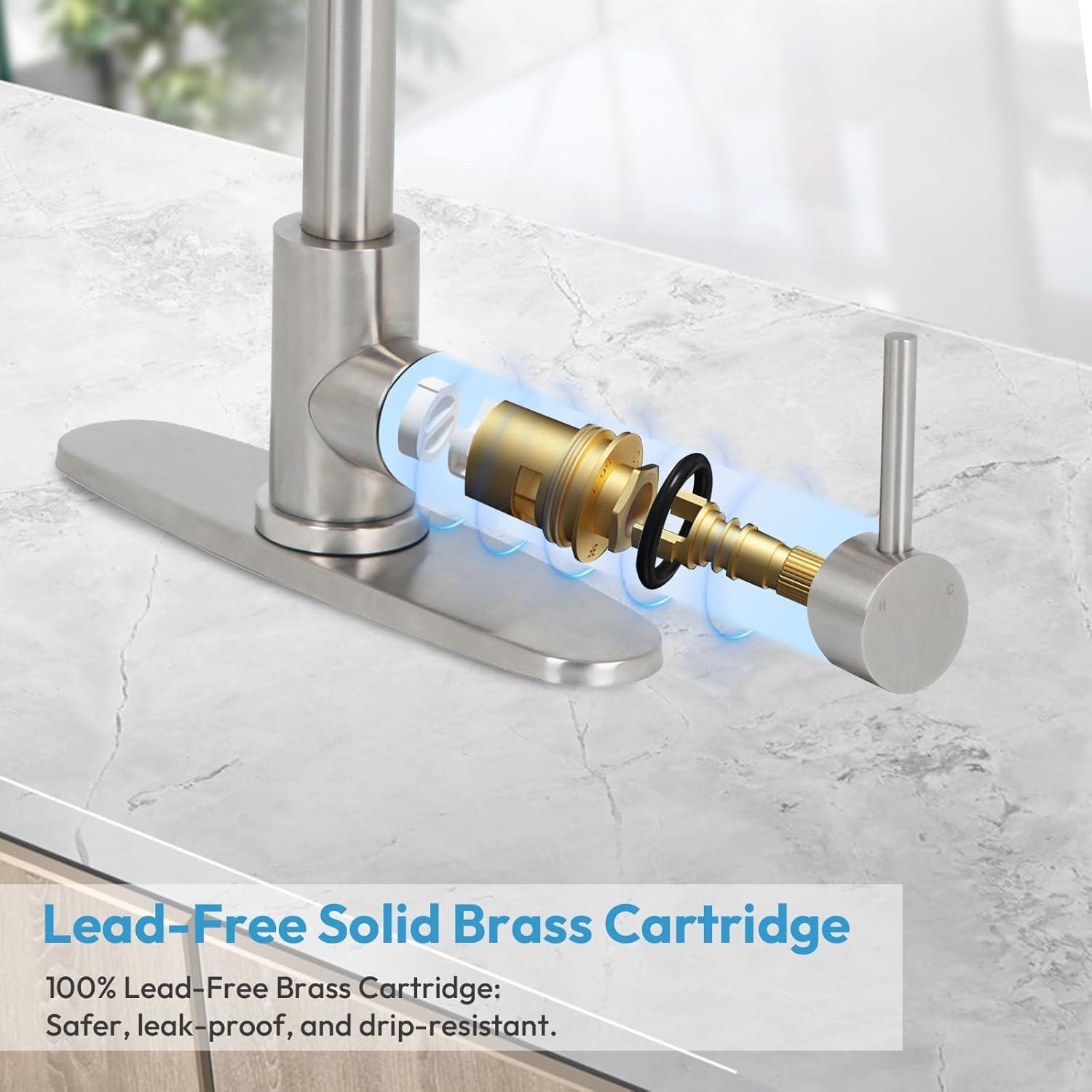 Besdor Kitchen Faucet with Pull Down Sprayer, Spring Single Handle Faucet for Kitchen Sink, Two Function Sprayer, 360-degree Rotation, with Deck Plate, 304 Food Grade Stainless Steel, Brushed Nickel