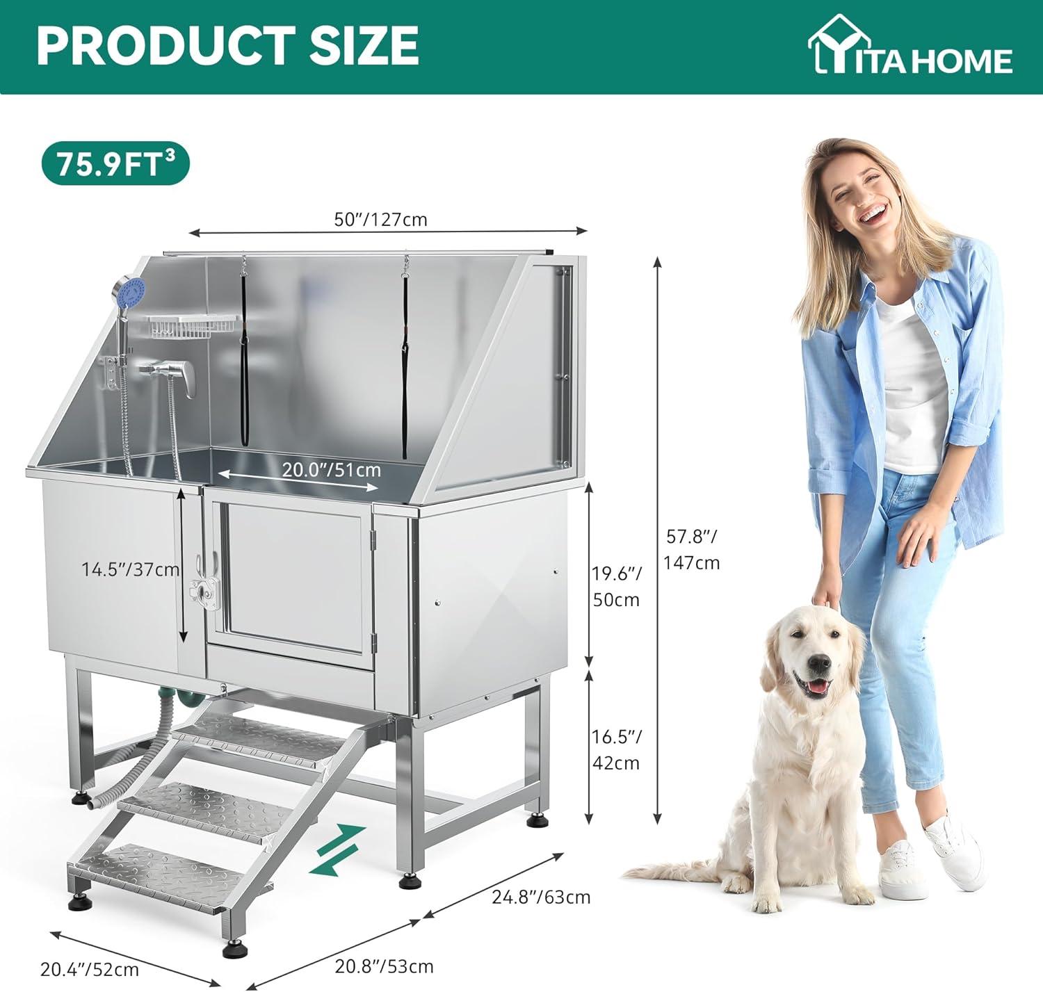 Dog Bathtub, 50 Inch Professional Dog Washing Station with Faucet and Leash, 	Dog Bathing Station for Dogs of All Sizes, 50.2"L x 27.6"W x 60.2"H