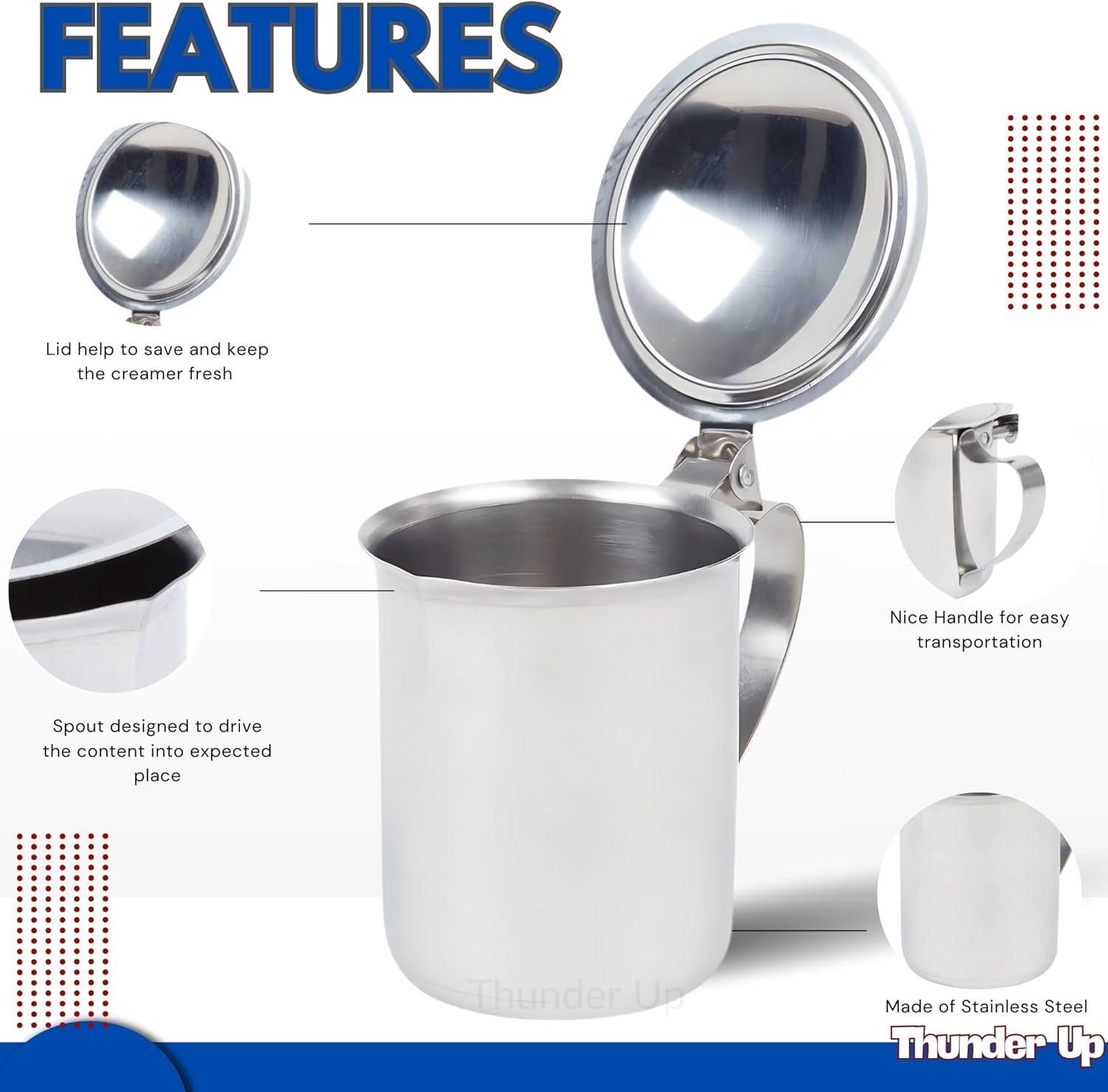 2 Stainless Steel Coffee Creamer Container Cover 10oz Milk Pitcher Lid Dispenser