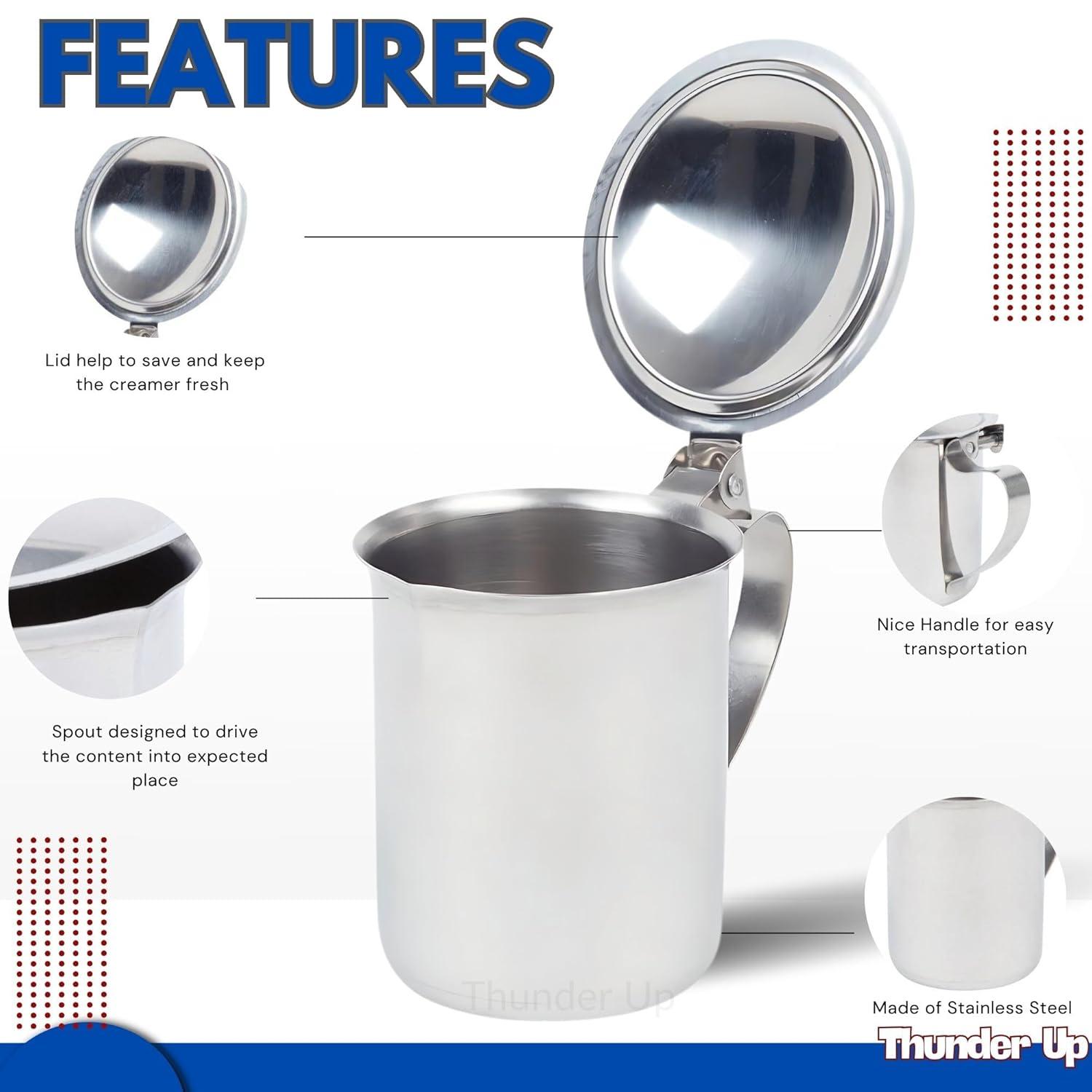 2 Stainless Steel Coffee Creamer Container Cover 10oz Milk Pitcher Lid Dispenser