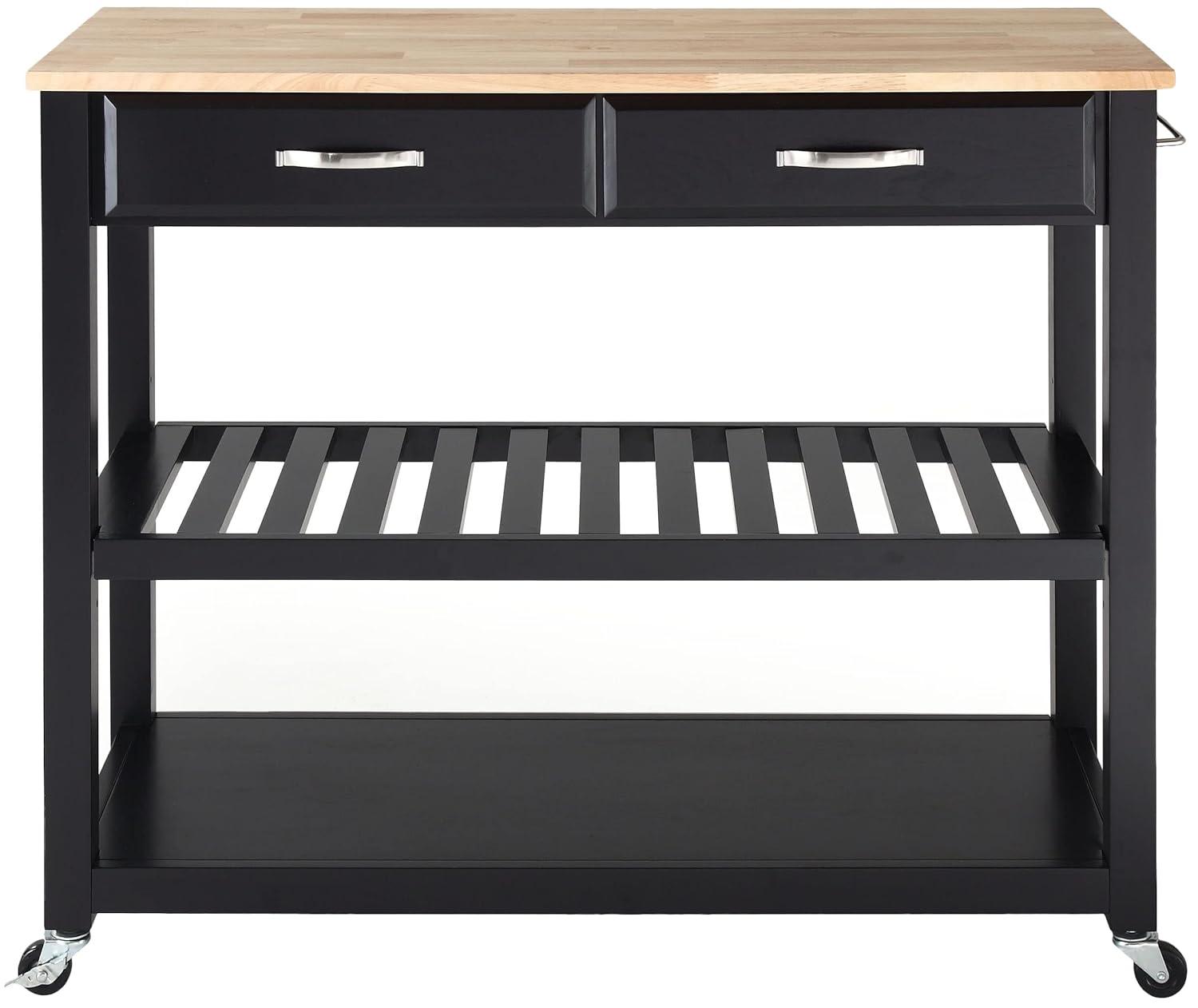 Natural Wood Top Kitchen Cart/Island with Optional Stool Storage - Black - Crosley: Solid Hardwood, Adjustable Shelf, Wheeled