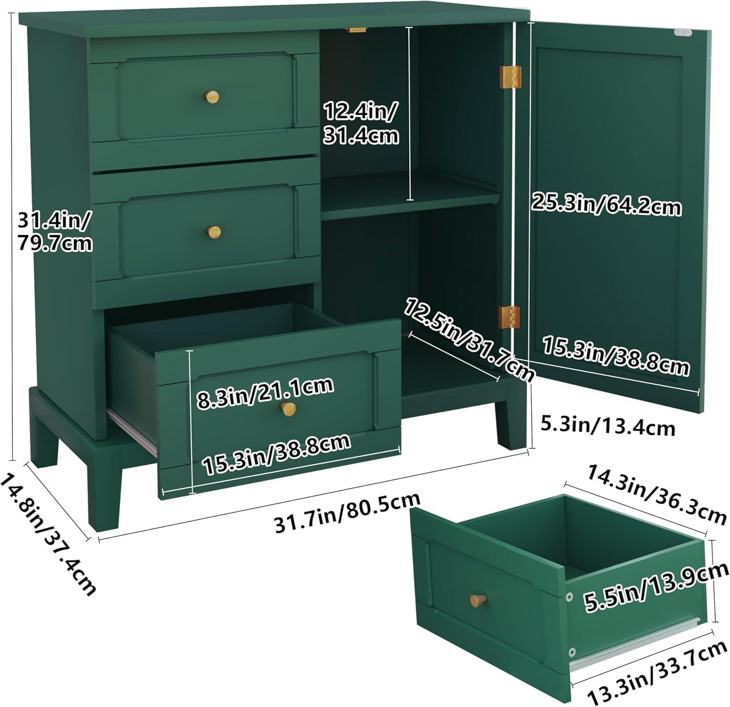 Green Wooden Freestanding Office Accent Cabinet with Drawers and Door