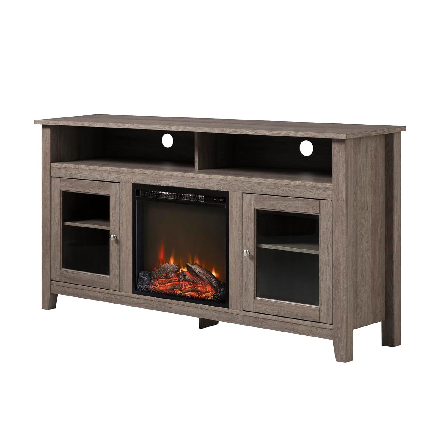 Walker Edison Glenwood Rustic Farmhouse Glass Door Highboy Fireplace TV Stand for TVs up to 65 Inches, 58 Inch, White Oak
