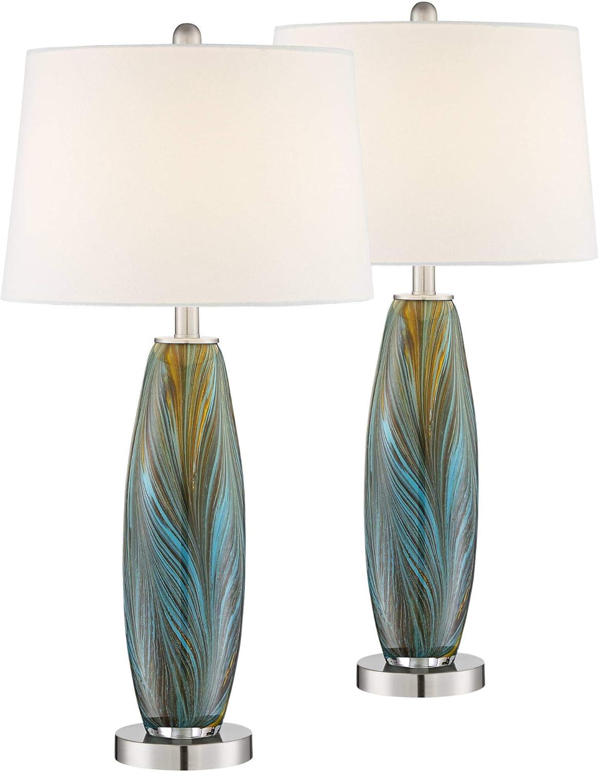 360 Lighting Azure Modern Table Lamps 29 1/2" Tall Set of 2 Blue Brown Art Glass White Fabric Drum Shade for Bedroom Living Room Bedside Nightstand